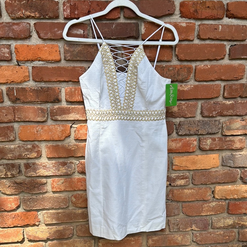 Lilly Pulitzer Trista Resort White Gold Lined Shift Sheath Dress 6 Zip Up NWT